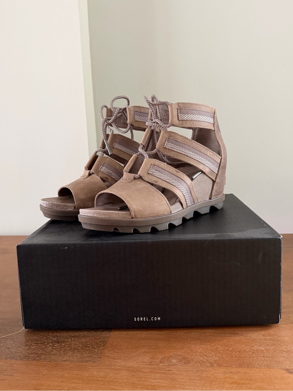 Sorel Women's Taupe Joanie II Lace-Up Gladiator Wedge Sandals